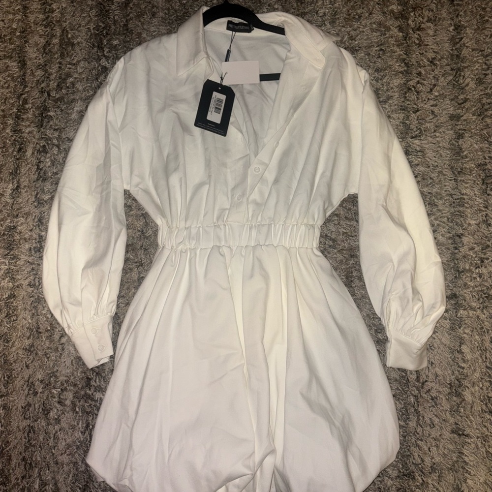 White Shirtdress Romper with Elastic Waist
